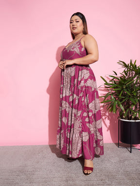 Women Magenta Floral Tiered Maxi Dress