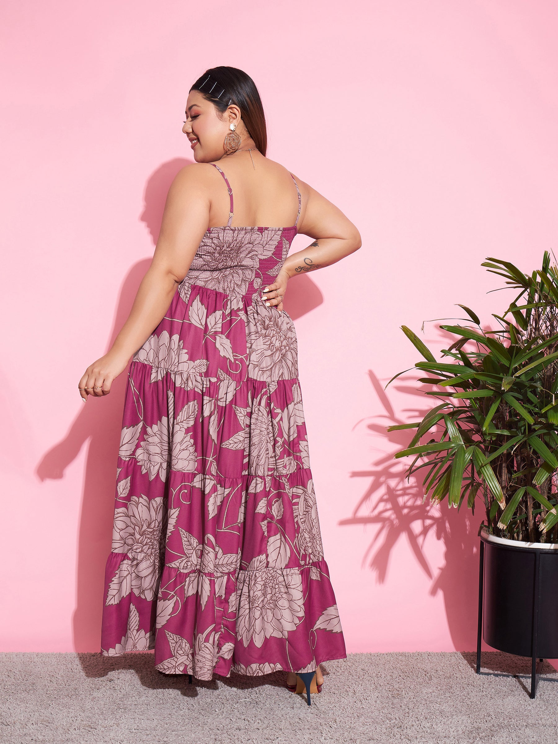 Women Magenta Floral Tiered Maxi Dress