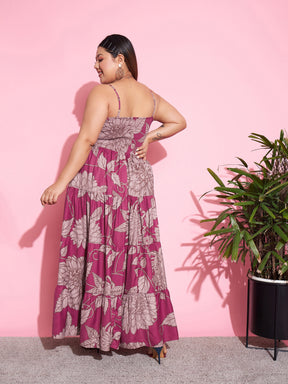 Women Magenta Floral Tiered Maxi Dress