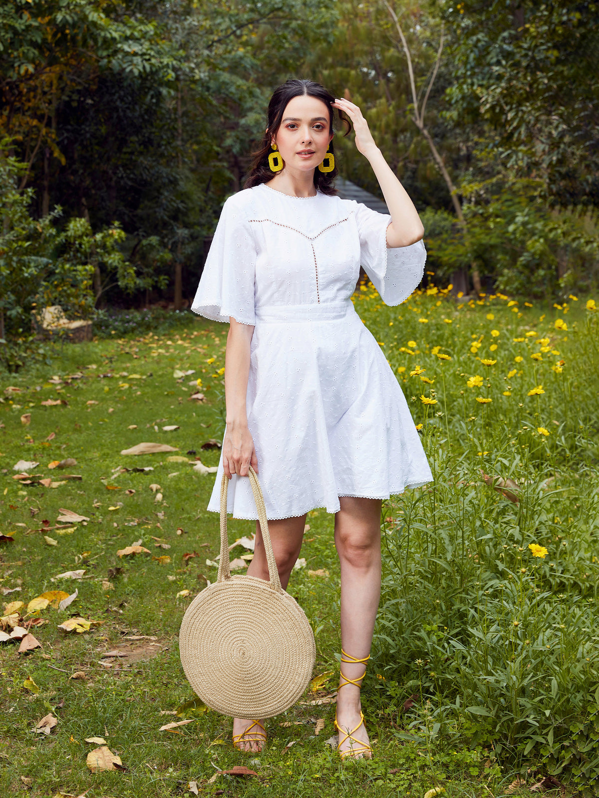 Women White Schiffli Flared Sleeves Short Dress