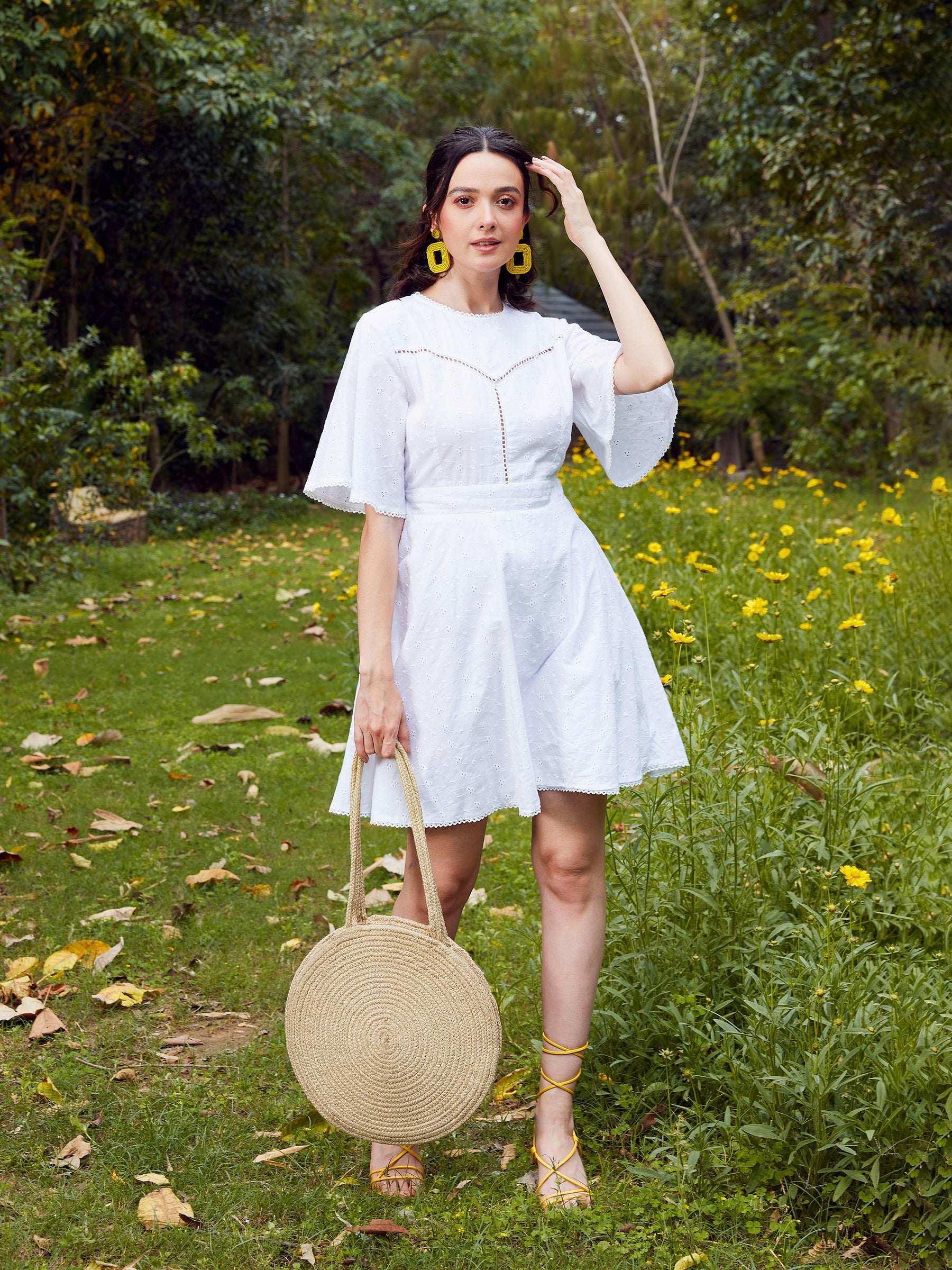 Buy Women White Schiffli Flared Sleeves Short Dress Online at Best Price - Sassafras Buy Women White Schiffli Flared Sleeves Short Dress Online at Best Price - Sassafras