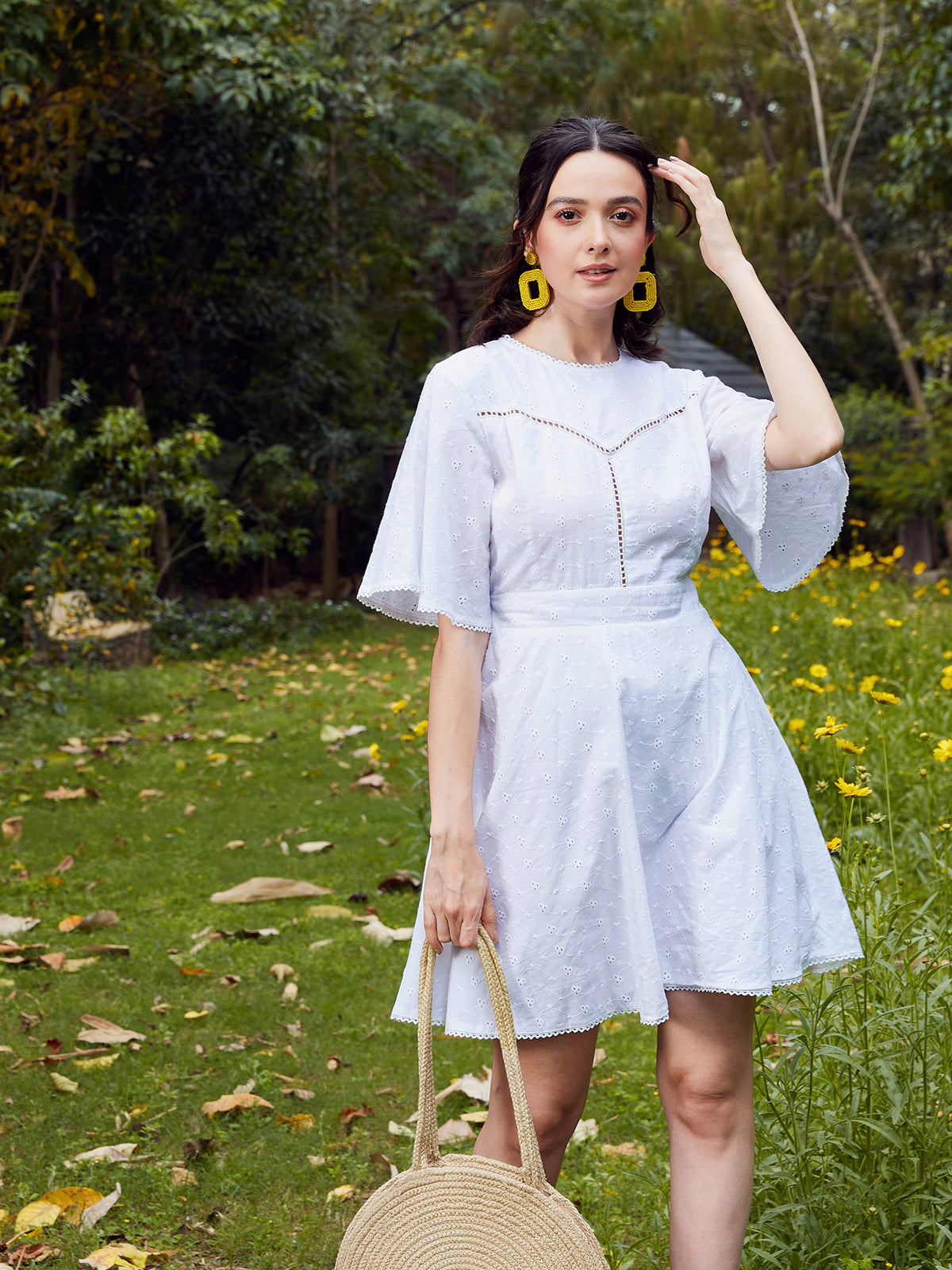 Women White Schiffli Flared Sleeves Short Dress