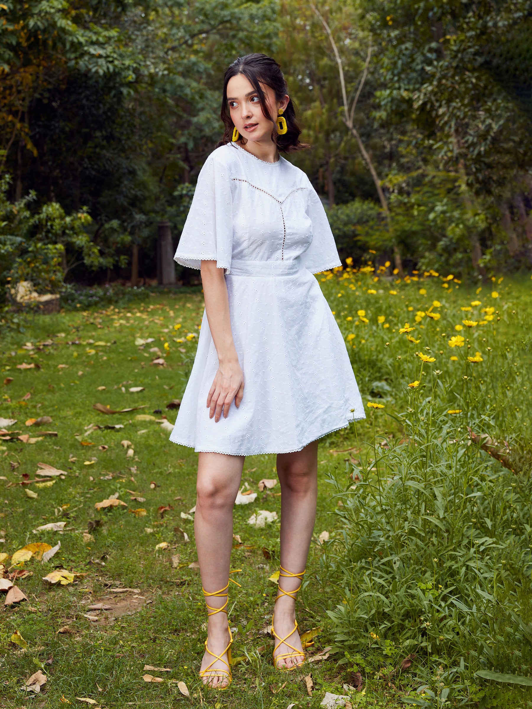 Women White Schiffli Flared Sleeves Short Dress