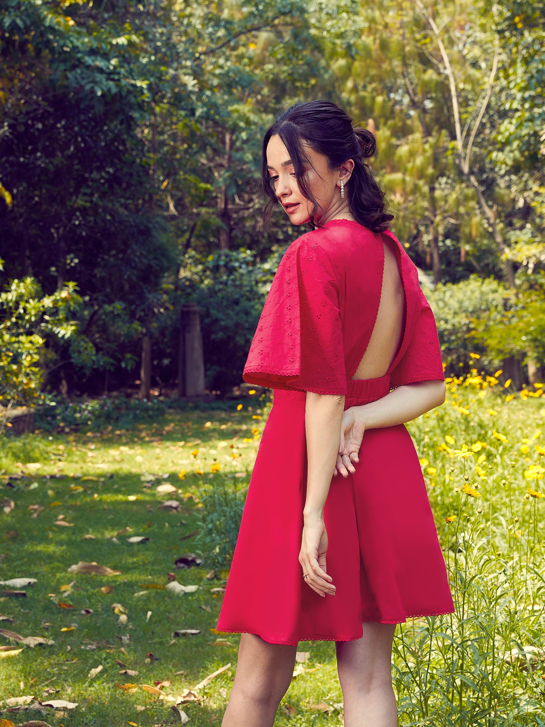 Buy Red Schiffli Flared Sleeves Short Dress Online At Best Price