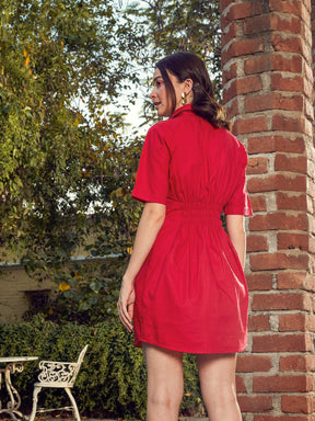 Women Red Poplin Shirt Dress