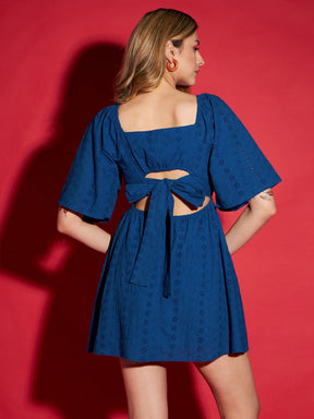 Women Royal Blue Schiffli Back Tie Short Skater Dress