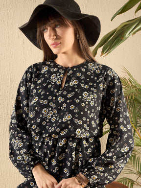 Black Floral Frill Hem Mini Dress-SASSAFRAS