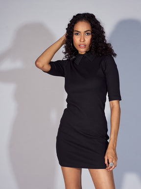 Women Black Stand Up Collar Bodycon Rib Dress