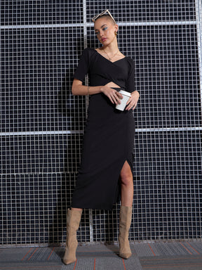 Women Black Side Slit V-Neck Rib Maxi Dress