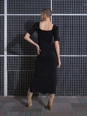 Women Black Side Slit V-Neck Rib Maxi Dress