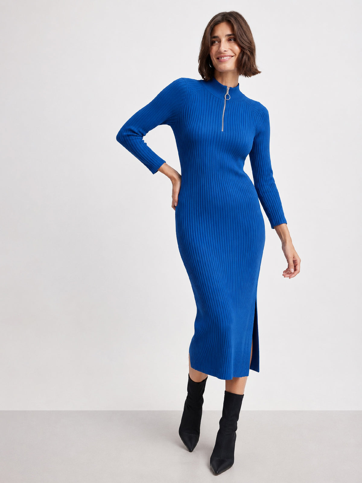 Women Royal Blue Rib High Neck Front Zipper Dress