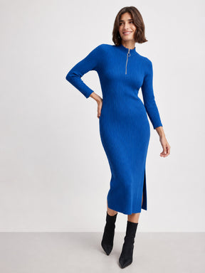 Women Royal Blue Rib High Neck Front Zipper Dress