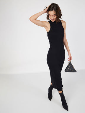 Women Black Rib Turtle Neck Sleeveless Midi Dress