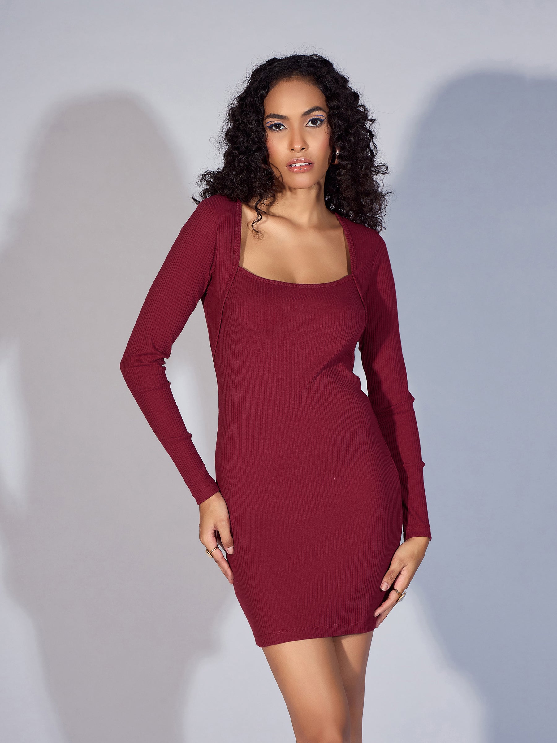 Women Maroon Rib Square Neck Short Dress