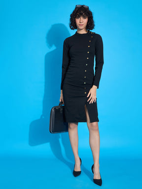Black Front Button Bodycon Midi Dress-SASSAFRAS worklyf