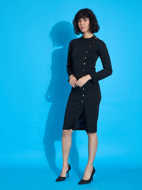 Black Front Button Bodycon Midi Dress-SASSAFRAS worklyf