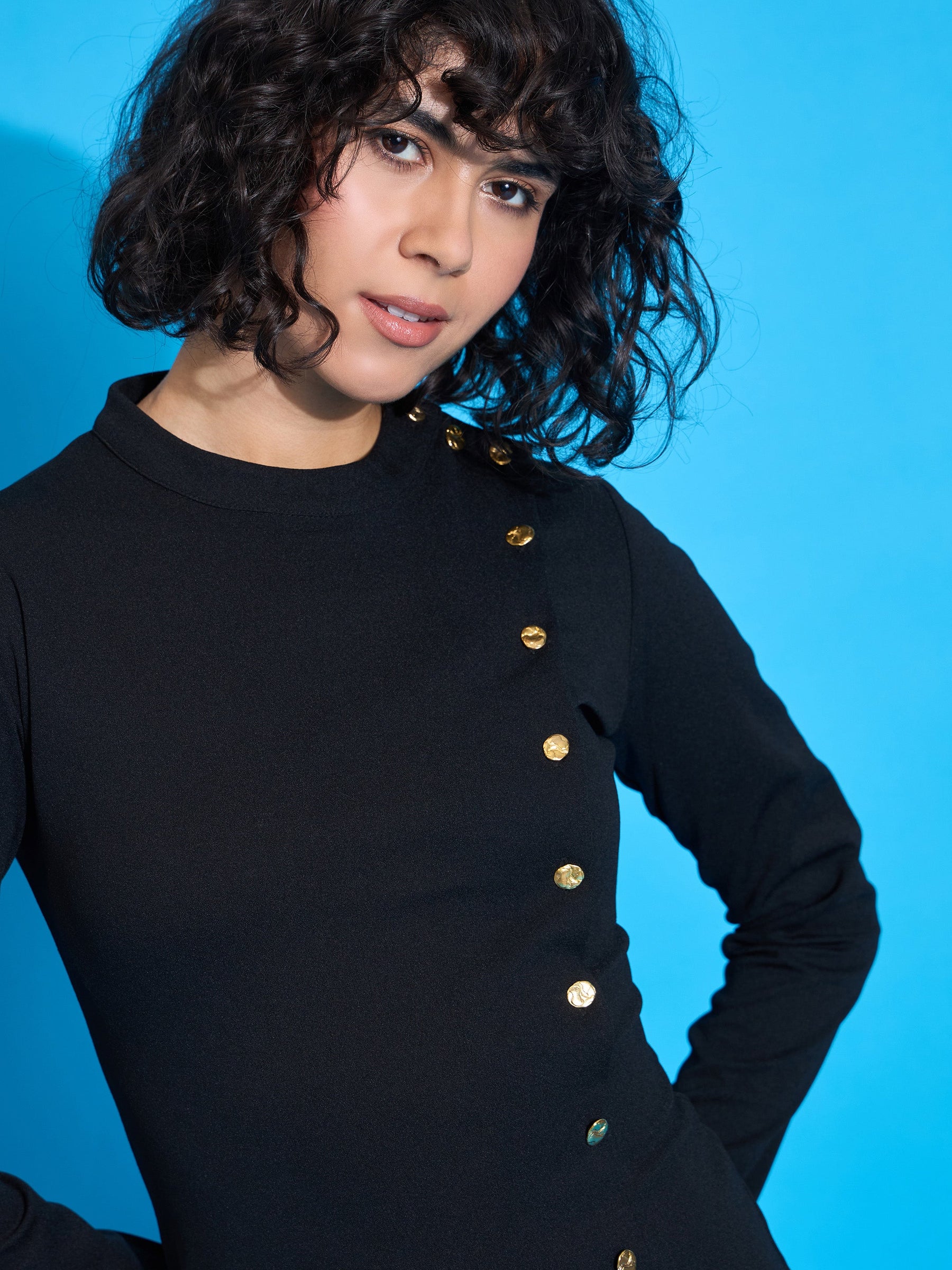 Black Front Button Bodycon Midi Dress-SASSAFRAS worklyf