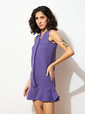 Purple Tweed Front Button Frill Hem Dress-SASSAFRAS