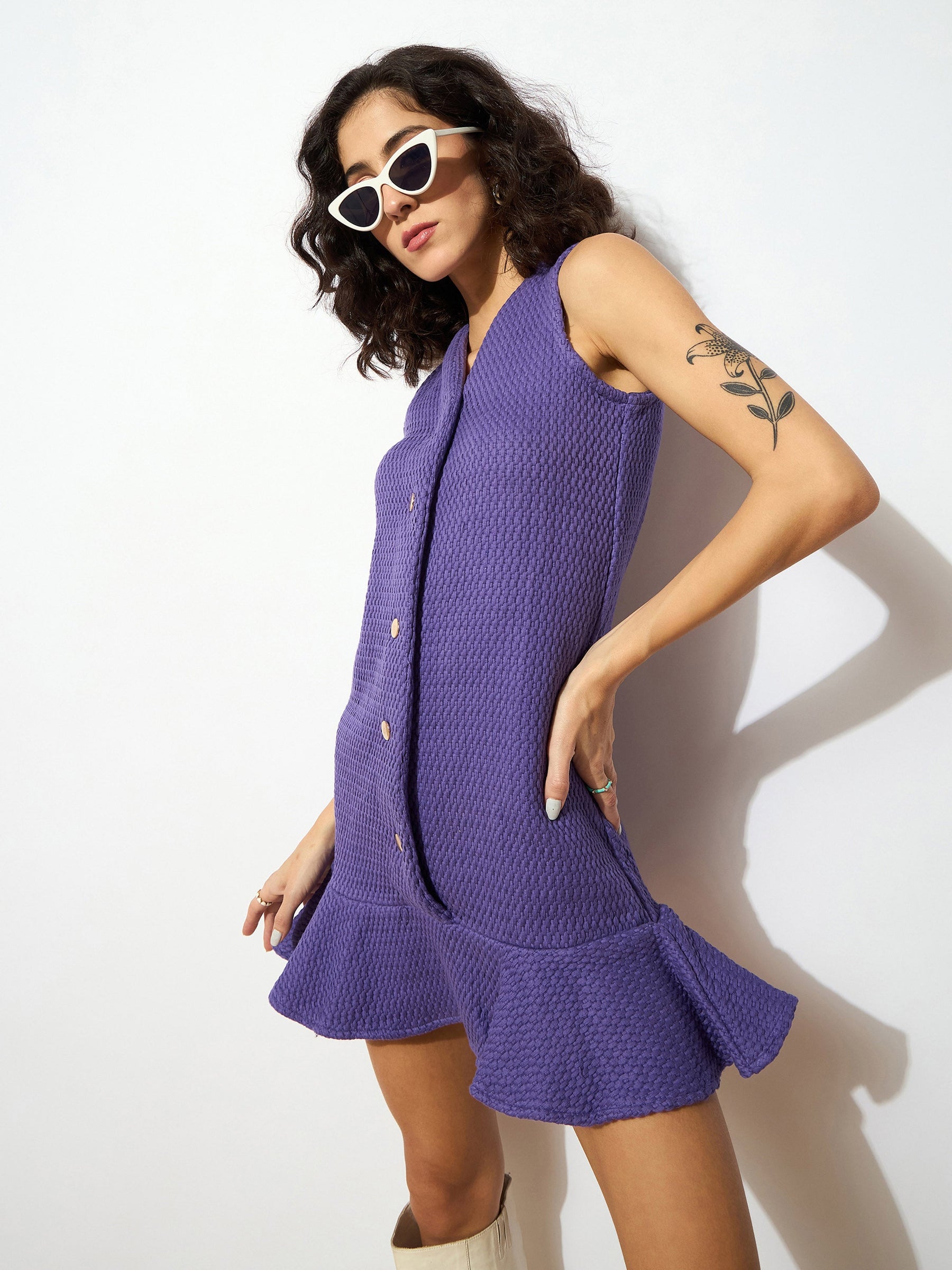 Purple Tweed Front Button Frill Hem Dress-SASSAFRAS