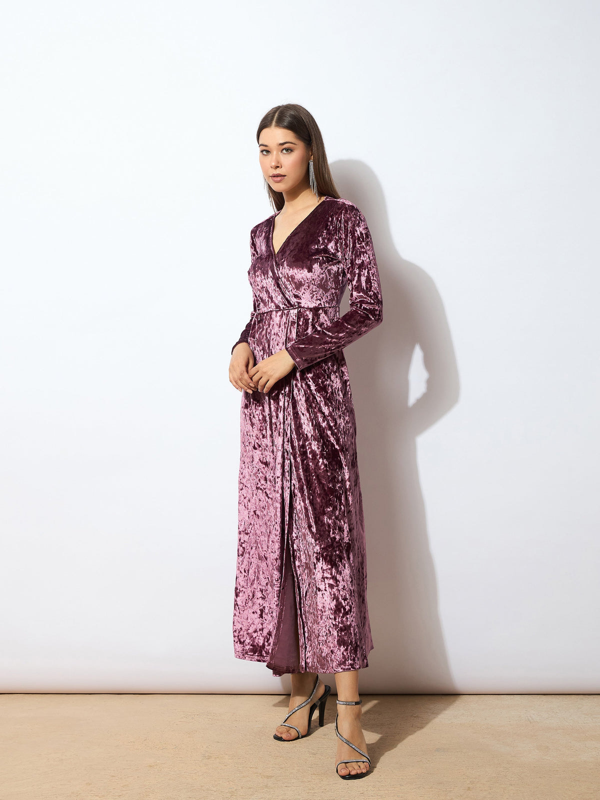 Onion Pink Velvet Front Slit Maxi Dress-SASSAFRAS