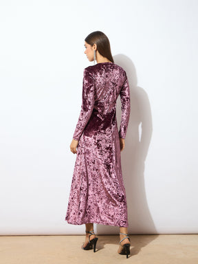 Onion Pink Velvet Front Slit Maxi Dress-SASSAFRAS