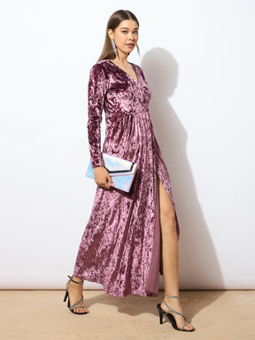 Onion Pink Velvet Front Slit Maxi Dress-SASSAFRAS