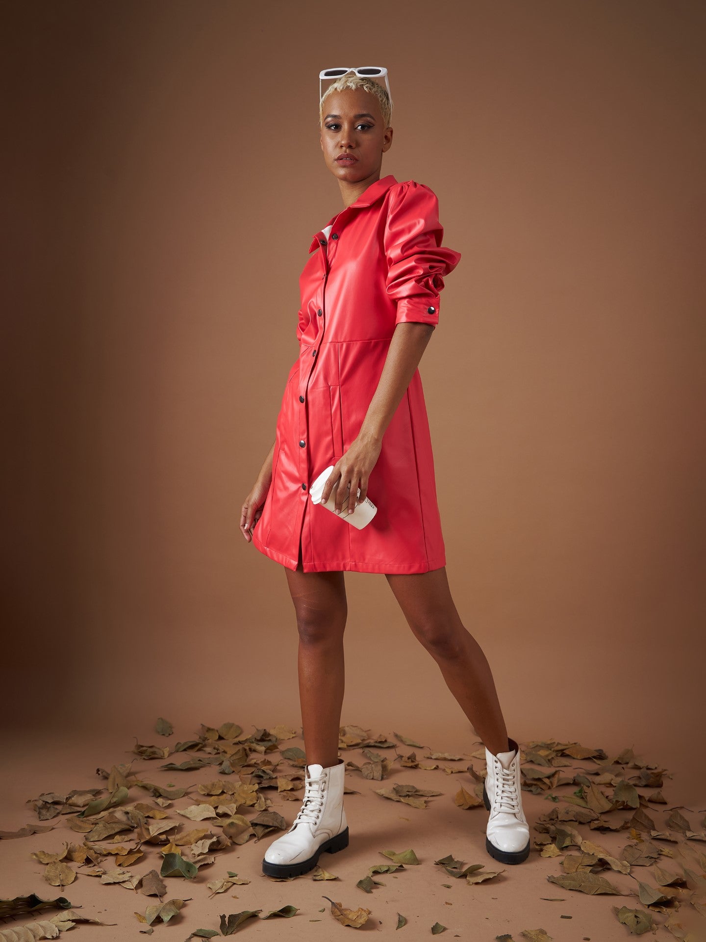 Women Red PU Shirt Dress