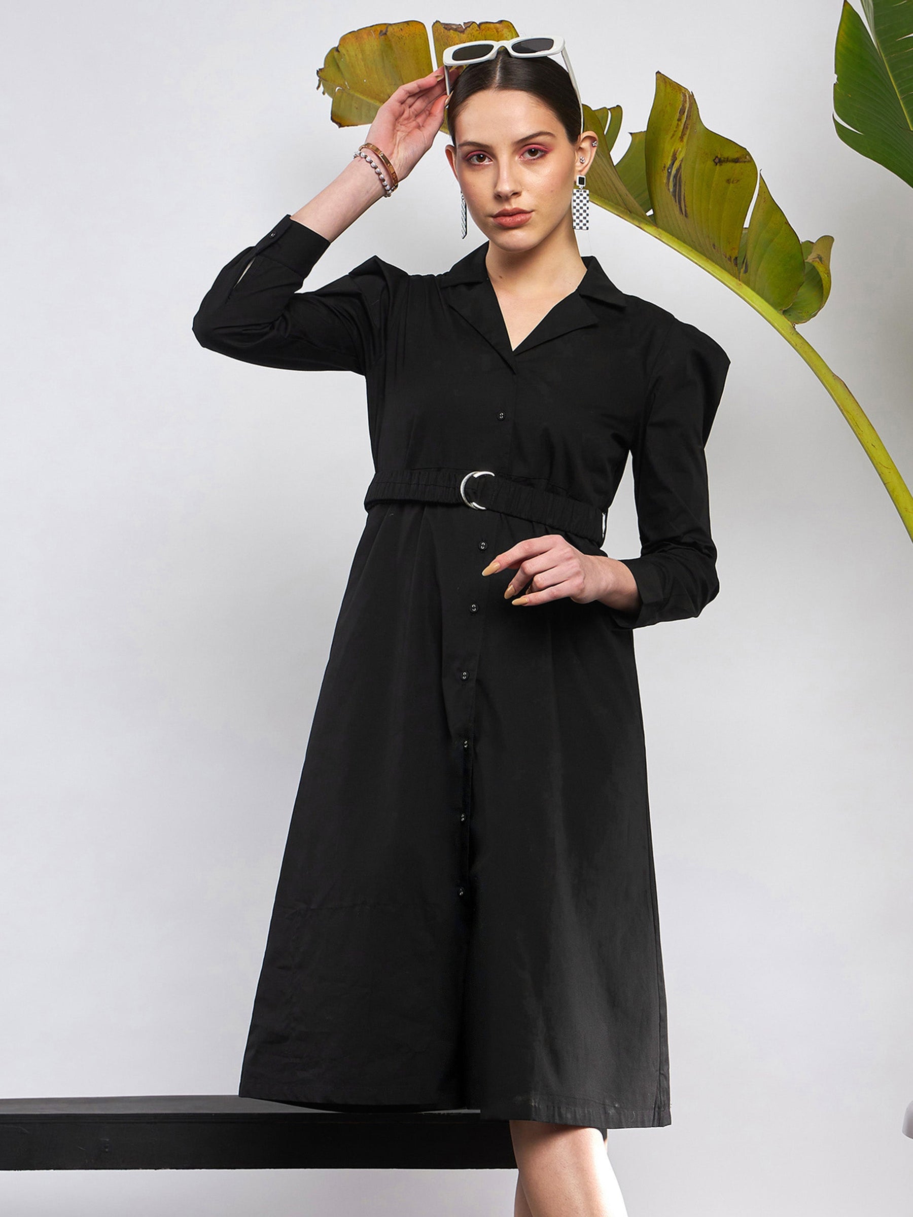 Black Poplin Ruched Belted Shirt Dress-SASSAFRAS