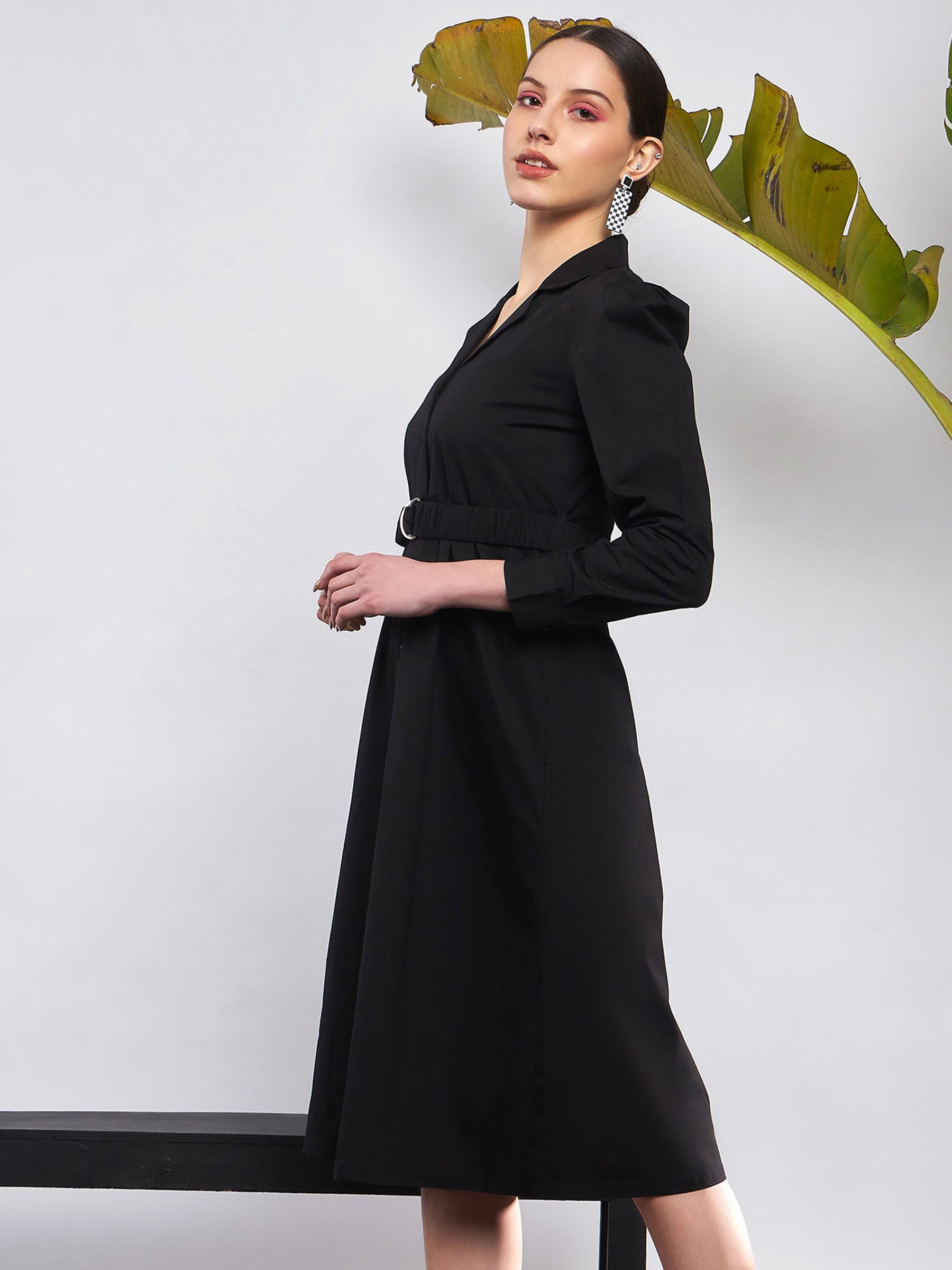 Black Poplin Ruched Belted Shirt Dress-SASSAFRAS