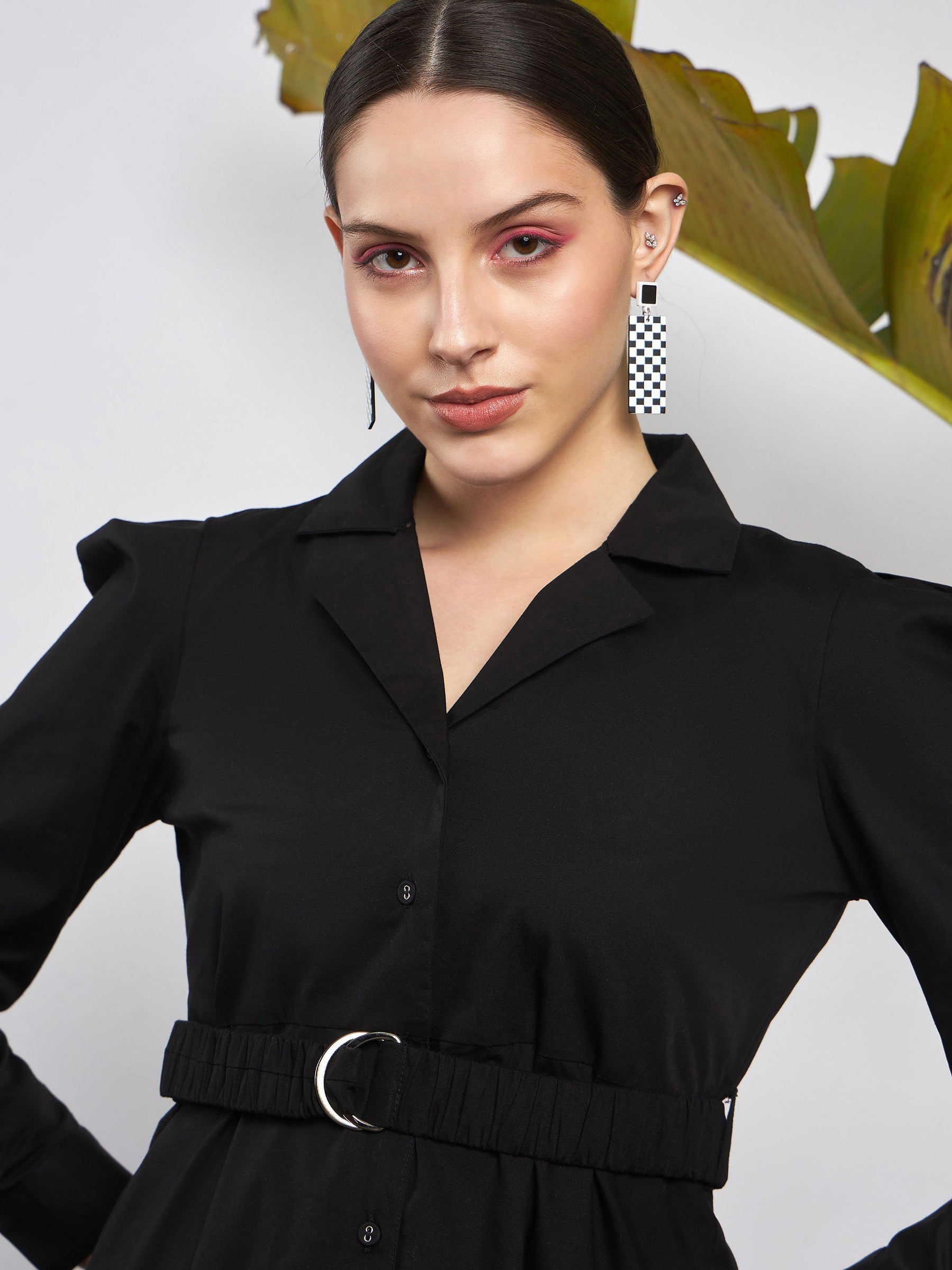 Black Poplin Ruched Belted Shirt Dress-SASSAFRAS