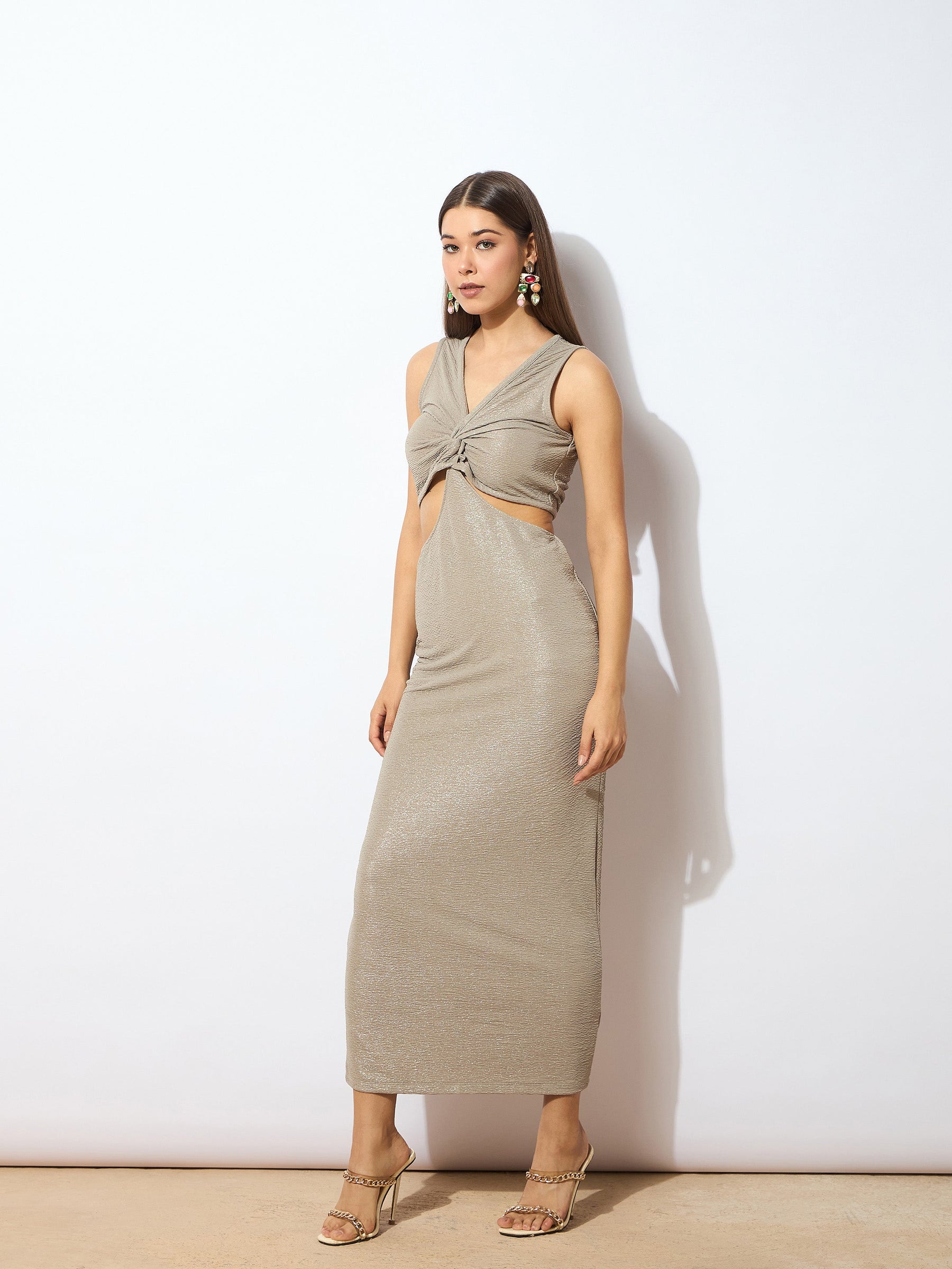 Grey Glitter Lurex Cut-Out Maxi Dress-SASSAFRAS