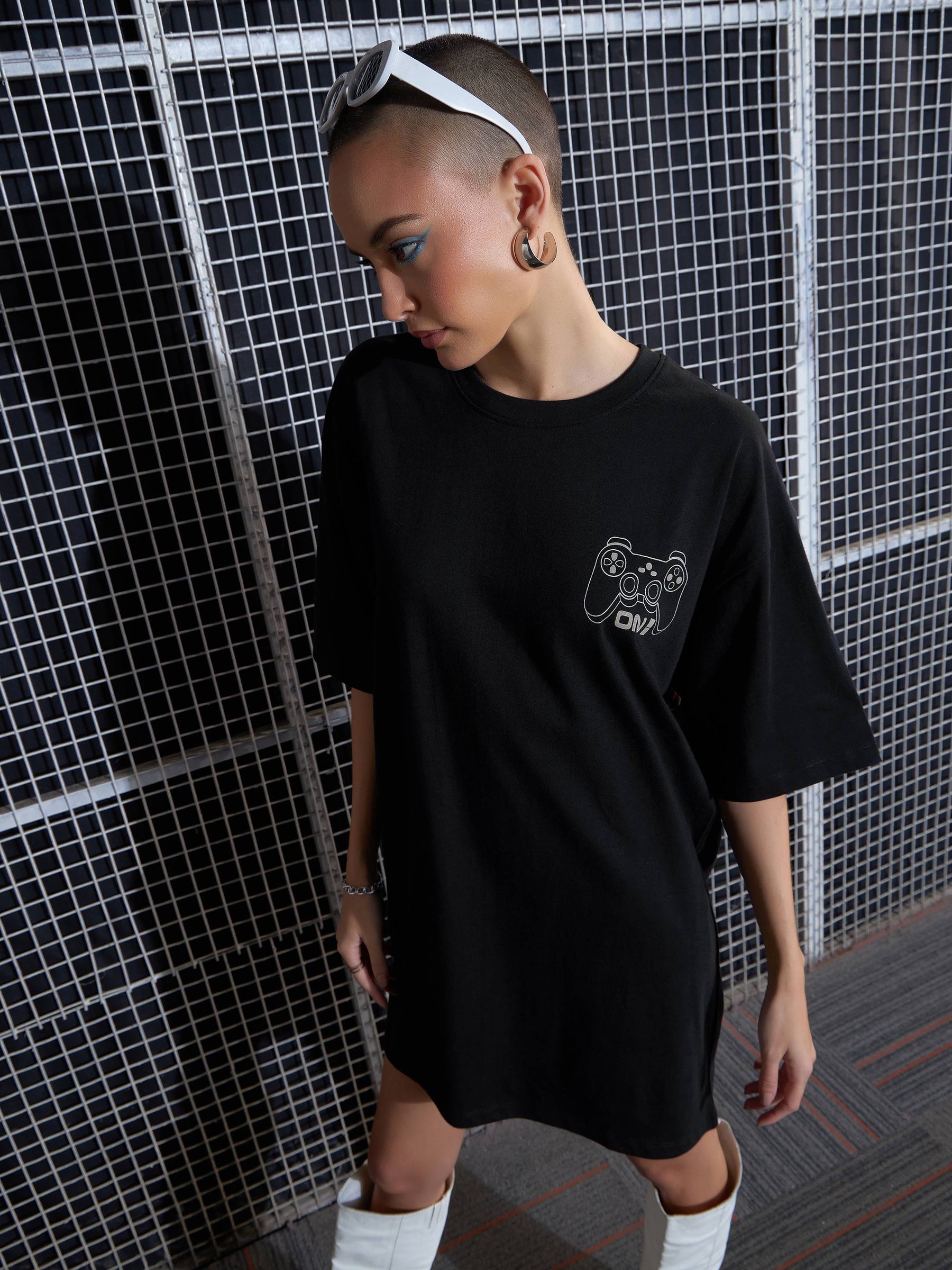 Black GAME ON Printed Oversized T-Shirt Dress-SASSAFRAS