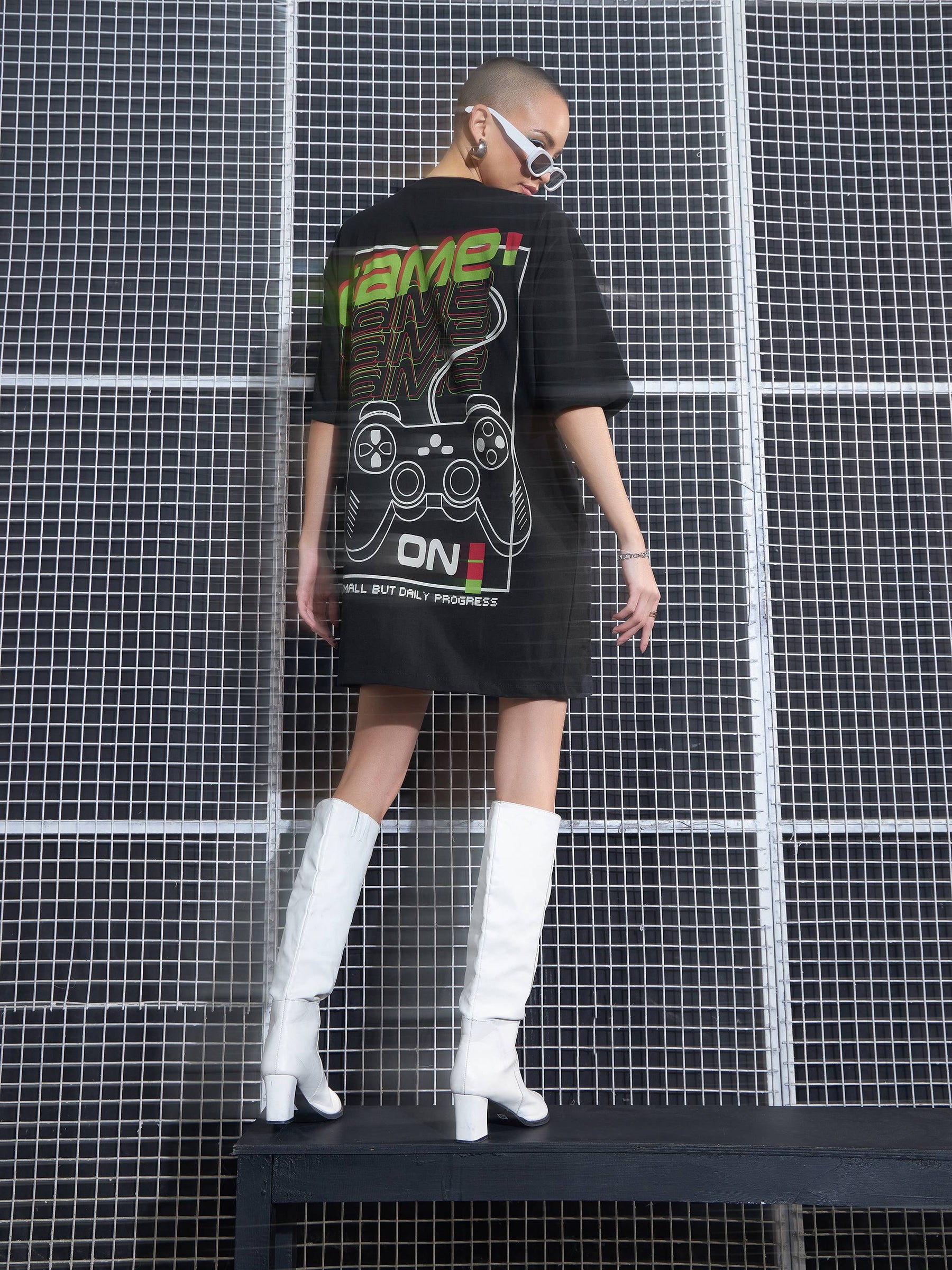 Black GAME ON Printed Oversized T-Shirt Dress-SASSAFRAS