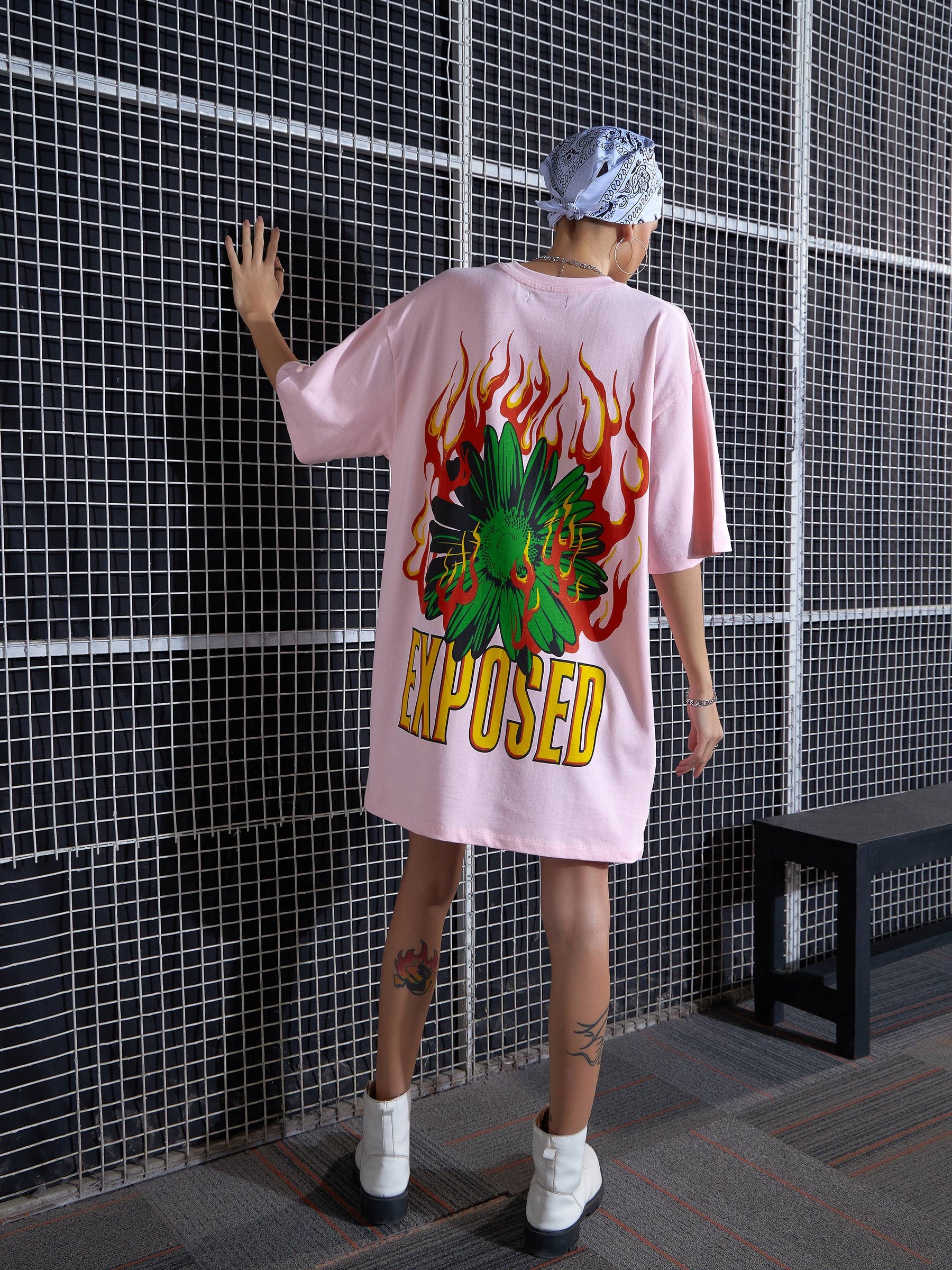 Pink Flower Printed Oversized T-Shirt Dress-SASSAFRAS