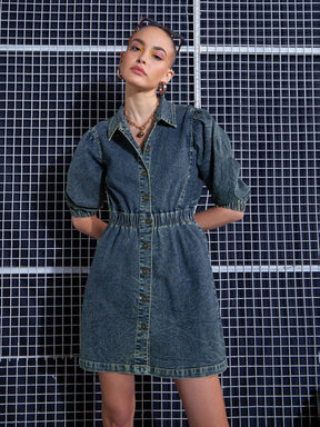 Green Washed Denim A-Line Shirt Dress-SASSAFRAS