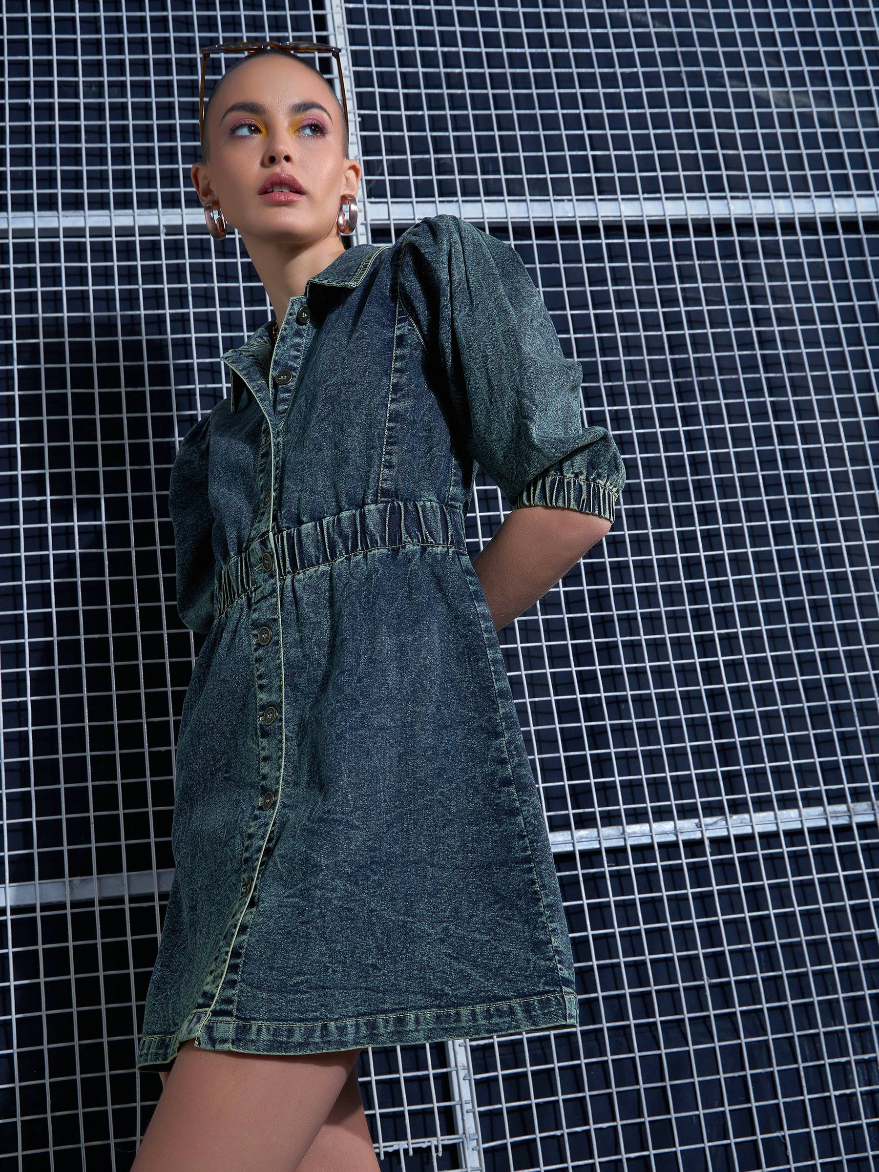 Green Washed Denim A-Line Shirt Dress-SASSAFRAS