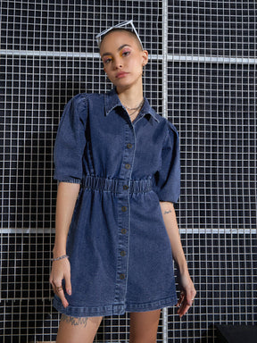 Blue Blast Denim A-Line Shirt Dress-SASSAFRAS