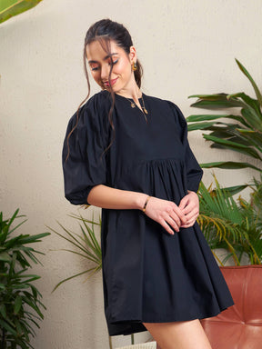 Black Poplin Puff Sleeves Gathered Dress-SASSAFRAS