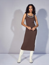 Women Brown Rib Contrast Binding Back Slit Midi Dress