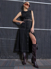 Black Acid Wash Waist Cut-Out Midi Dress-SASSAFRAS