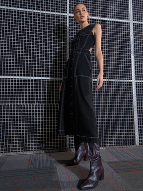 Black Acid Wash Waist Cut-Out Midi Dress-SASSAFRAS