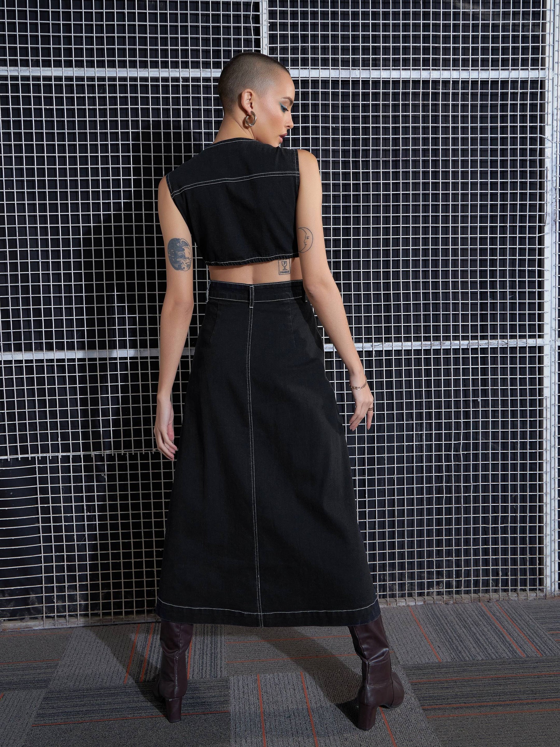 Black Acid Wash Waist Cut-Out Midi Dress-SASSAFRAS