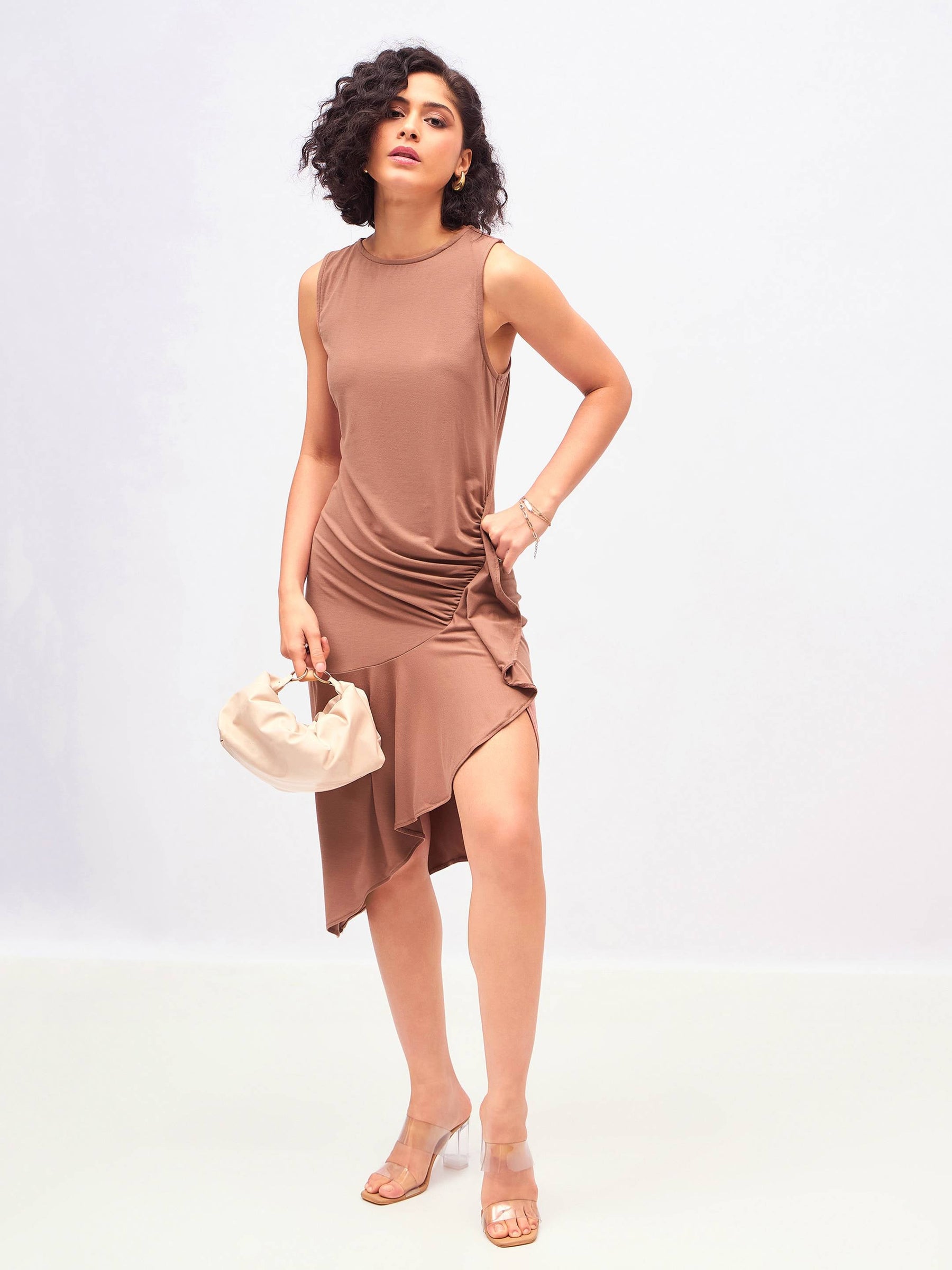 Brown Box Back Cascade Ruffle Midi Dress-SASSAFRAS