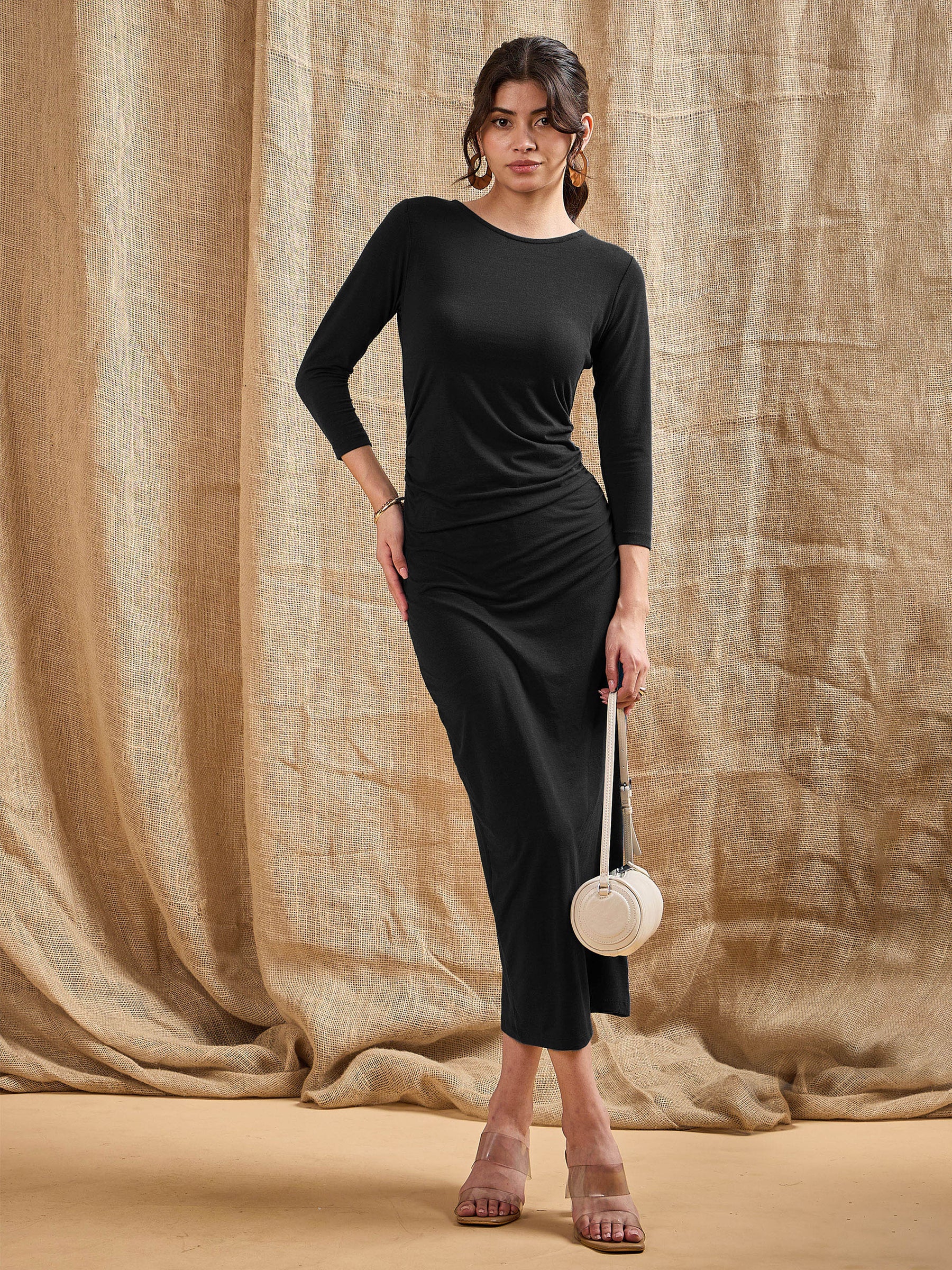 Buy Women Black Waist Ruched Bodycon Maxi Dress Online at Best Price - Sassafras Buy Women Black Waist Ruched Bodycon Maxi Dress Online at Best Price - Sassafras