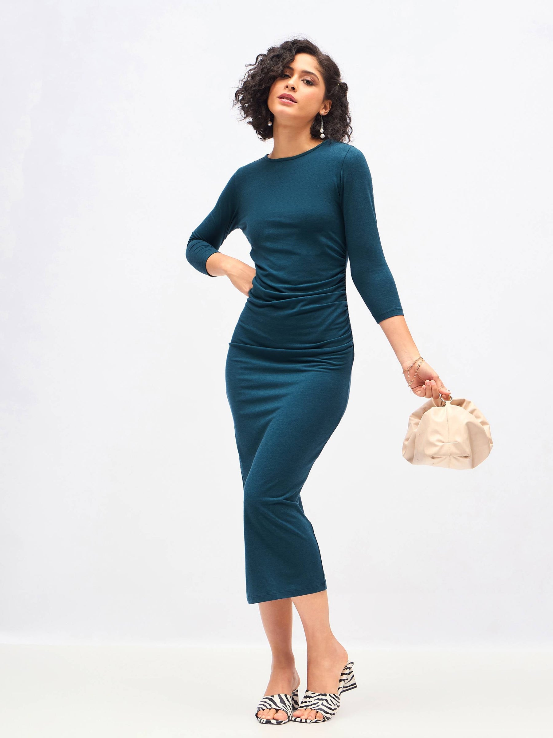 Teal Waist Ruched Bodycon Maxi Dress-SASSAFRAS