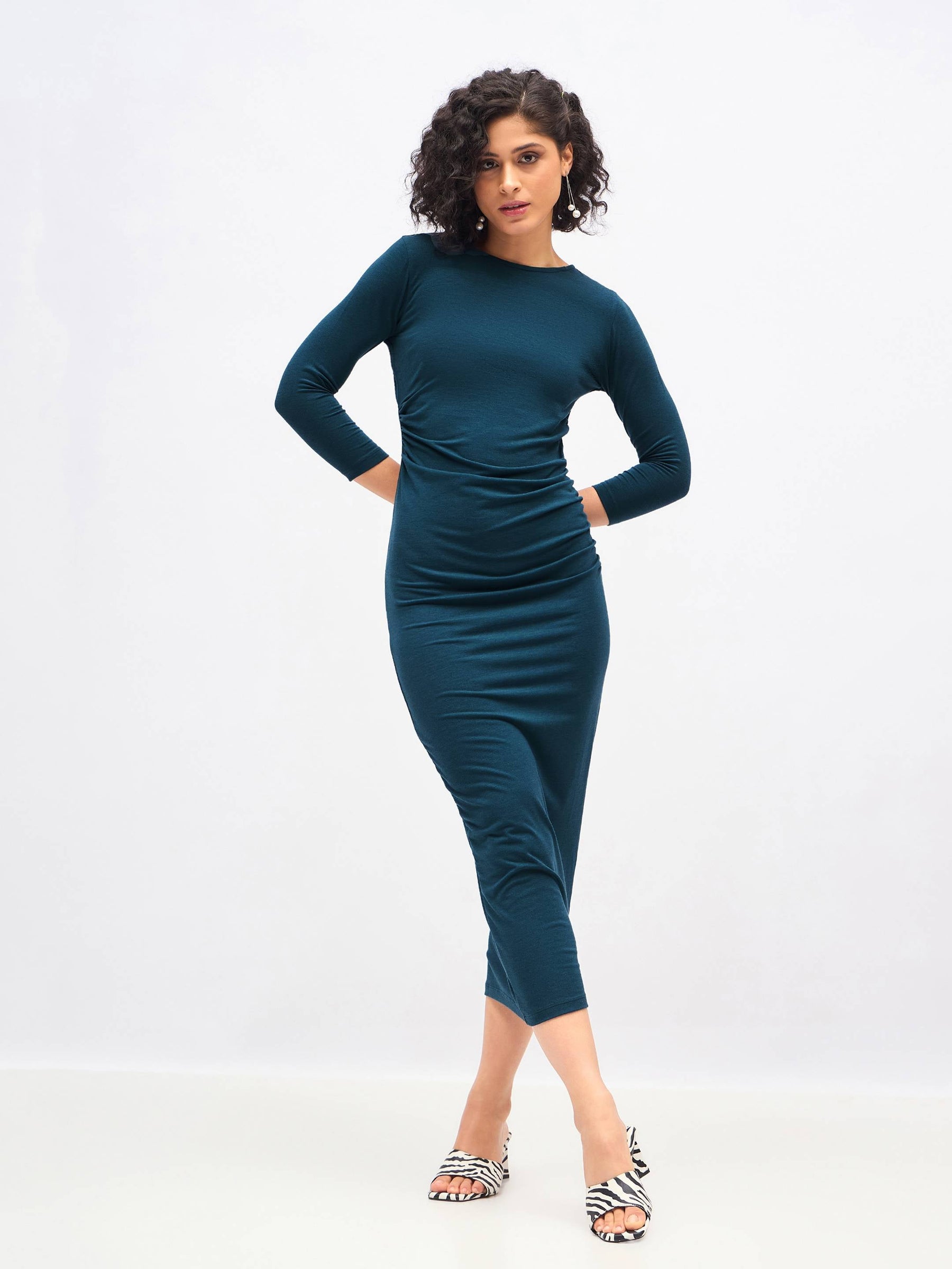 Teal Waist Ruched Bodycon Maxi Dress-SASSAFRAS