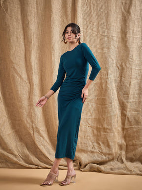 Teal Waist Ruched Bodycon Maxi Dress-SASSAFRAS