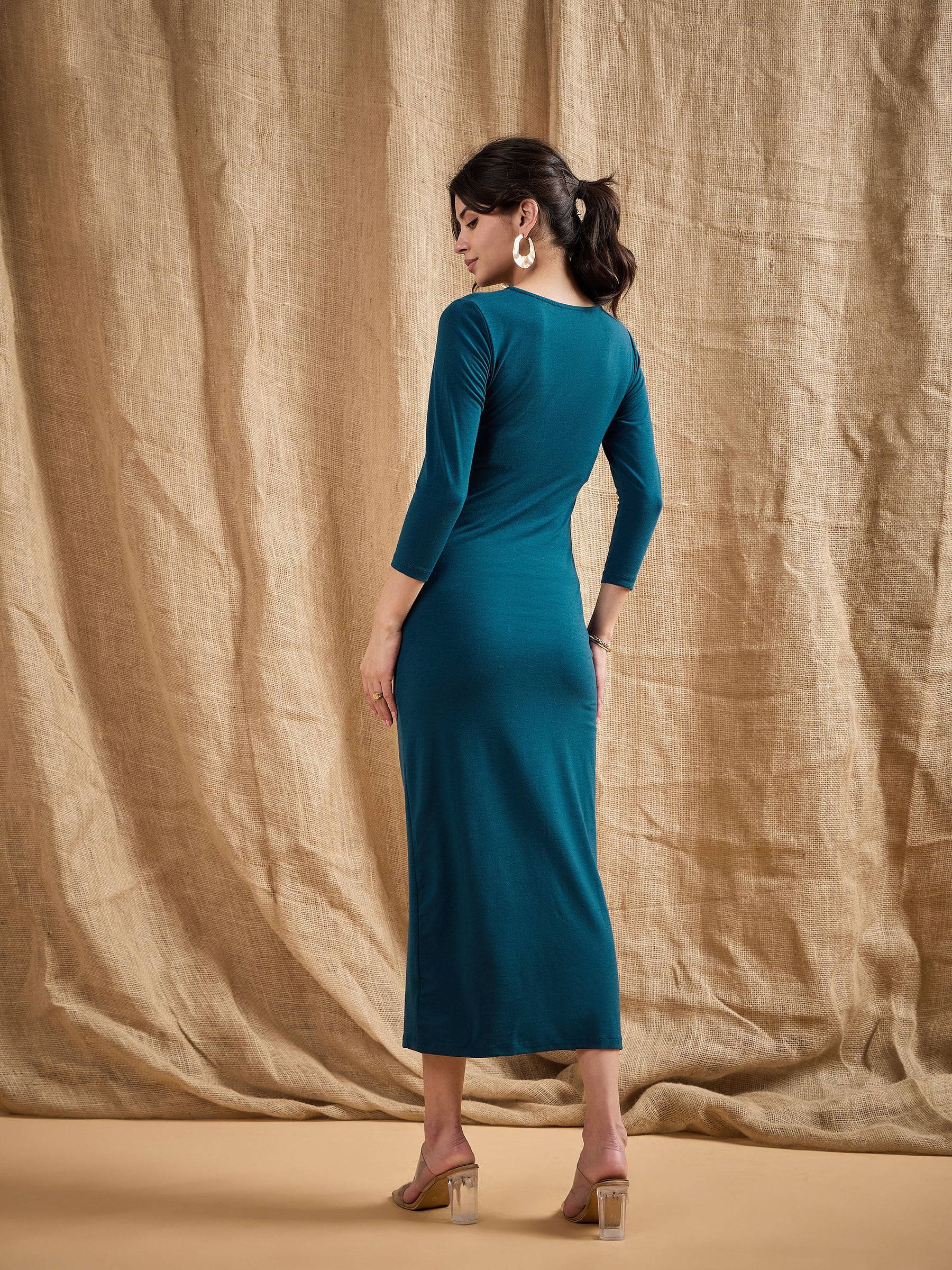 Teal Waist Ruched Bodycon Maxi Dress-SASSAFRAS