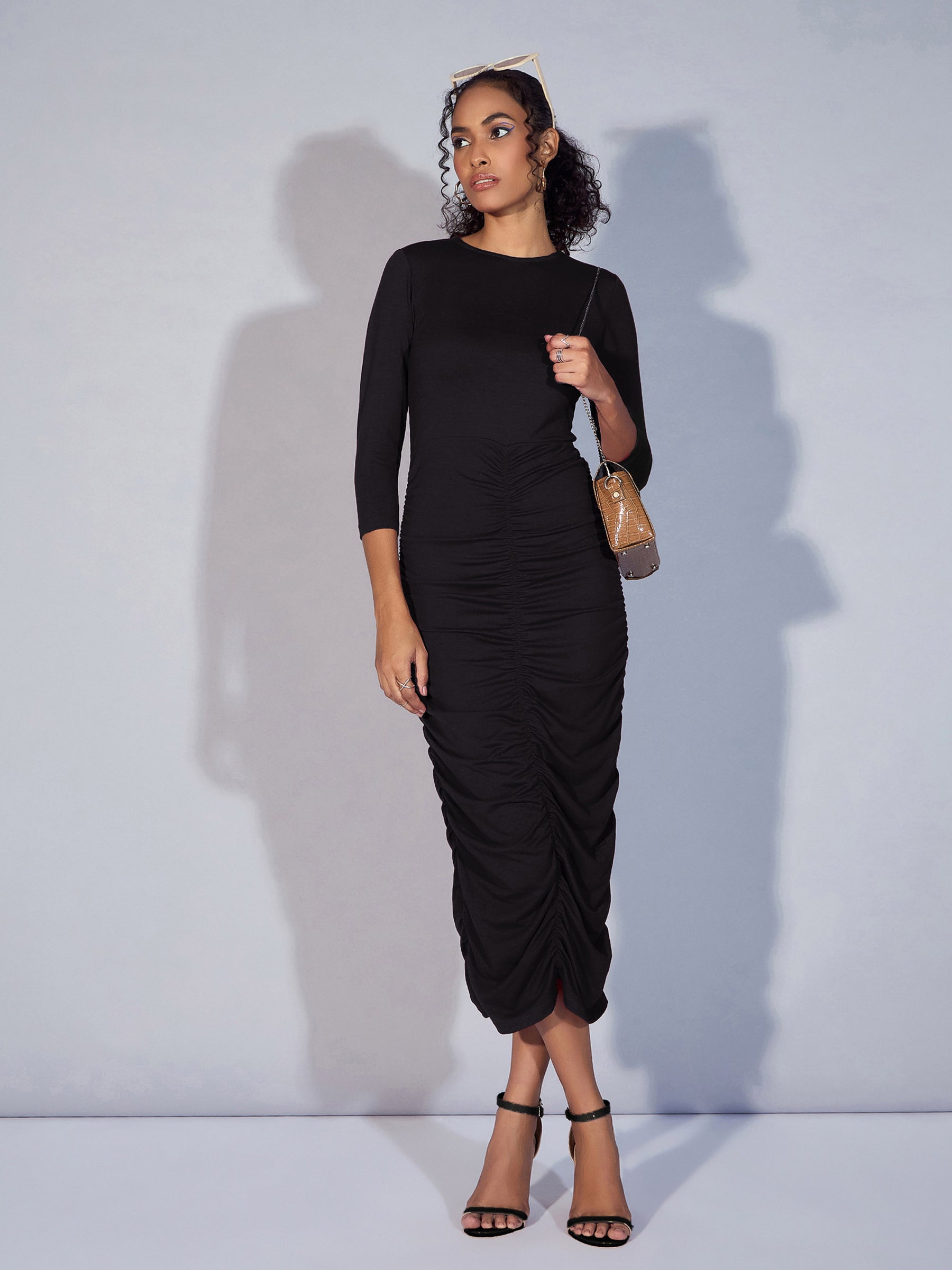 Buy Women Black Ruched Bodycon Midi Dress Online at Best Price