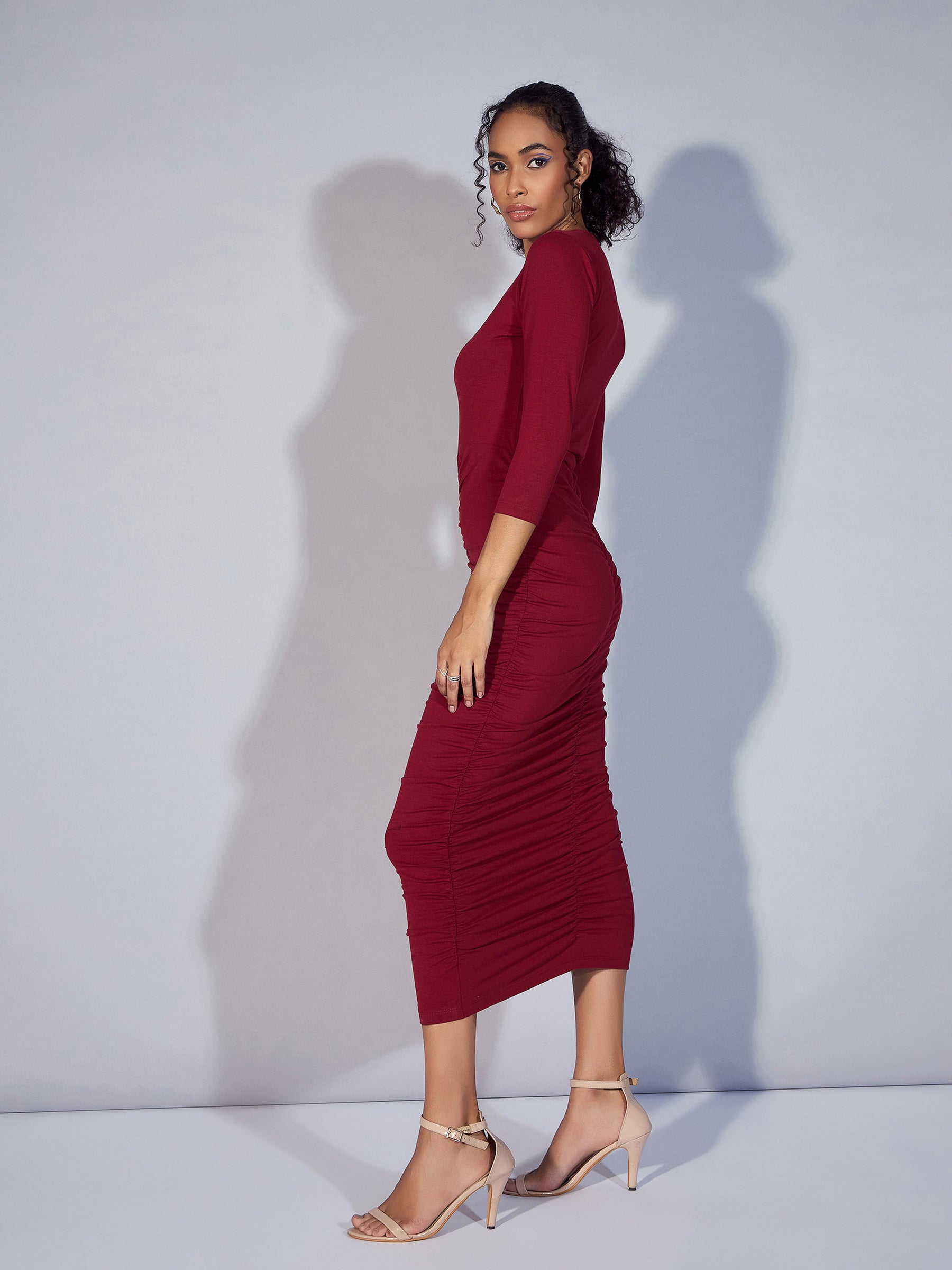 Maroon ruched dress best sale